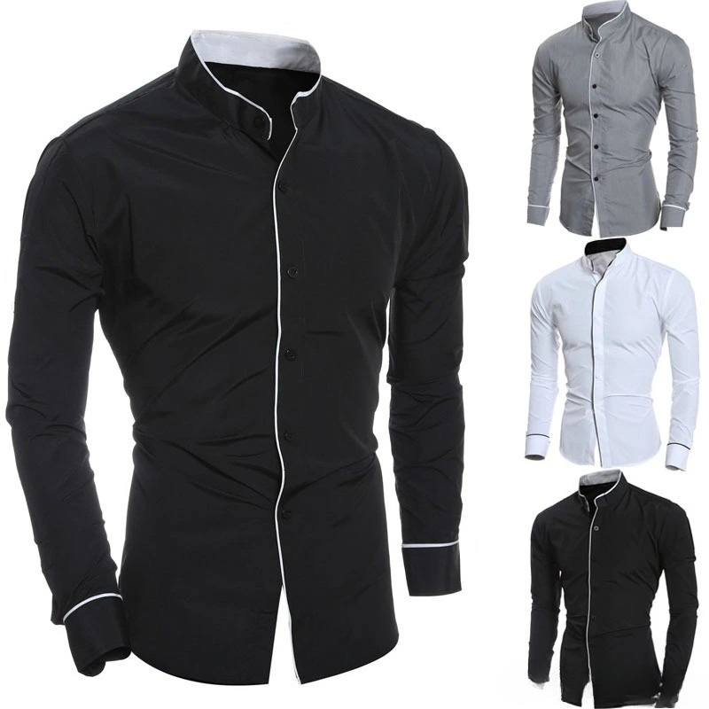 Mandarin Collar Formal Shirt Slim Fit - Herenshirts, slim fit, effen kleur, lange