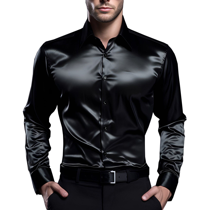 Mens Satin Silk Dress Shirt - Heren Satijn Luxe Overhemden Mode Zijde