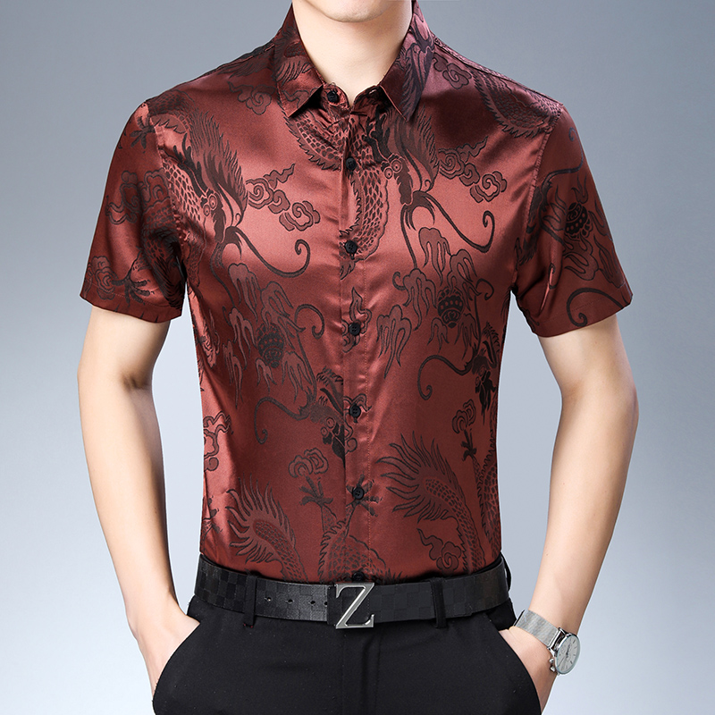 Mens Satin Silk Dress Shirt - Mens Fashion Patroon Zijde Shirt Zomer