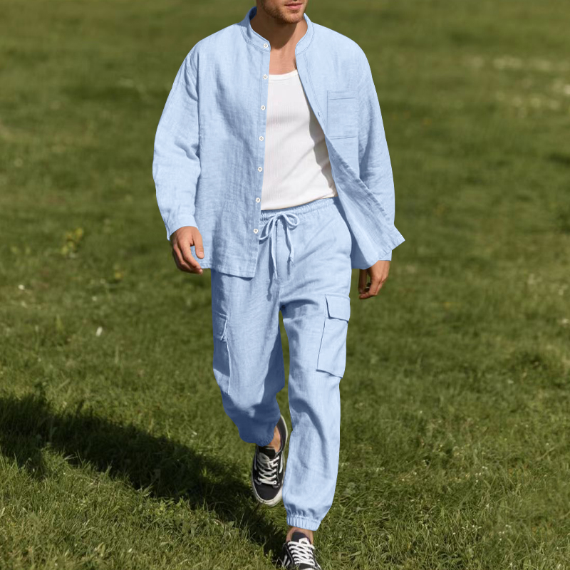 Mens Linen Shirt Long Sleeve - Heren linnen ademende tweedelige set met