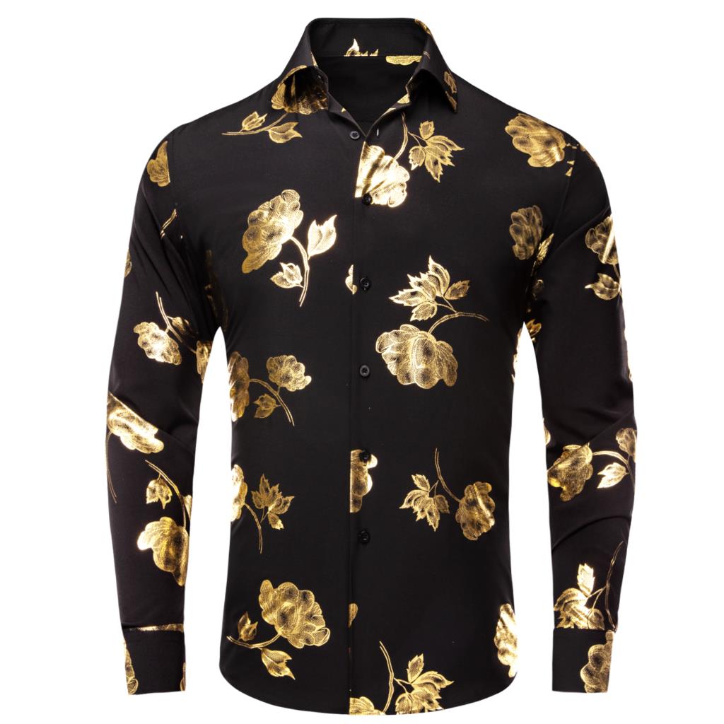 Mens Satin Silk Dress Shirt - Hi-Tie Zwart Goud Zijden Heren Shirts