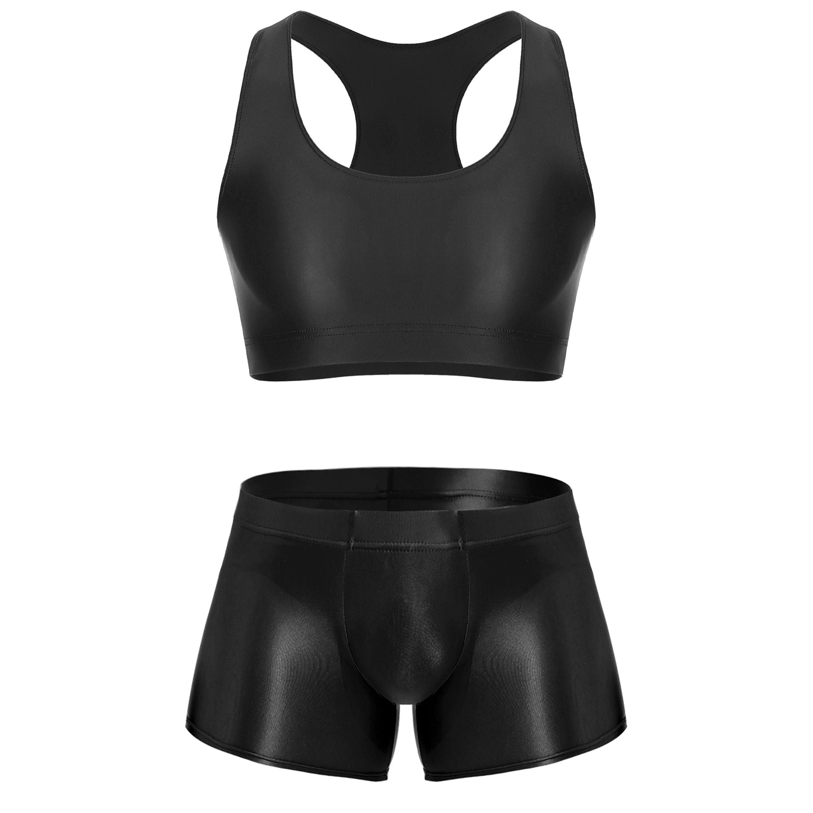 Underwear - Heren Glanzende Rekbare Fitnessoutfit U-hals Mouwloze
