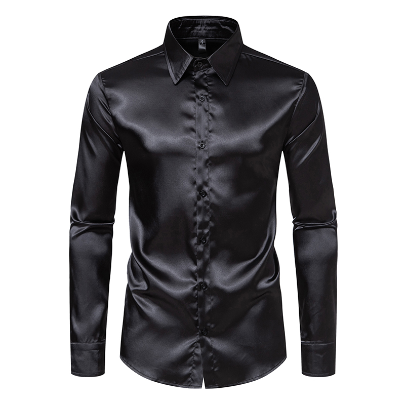 Mens Satin Silk Dress Shirt - Heren zwart satijn luxe overhemden mode