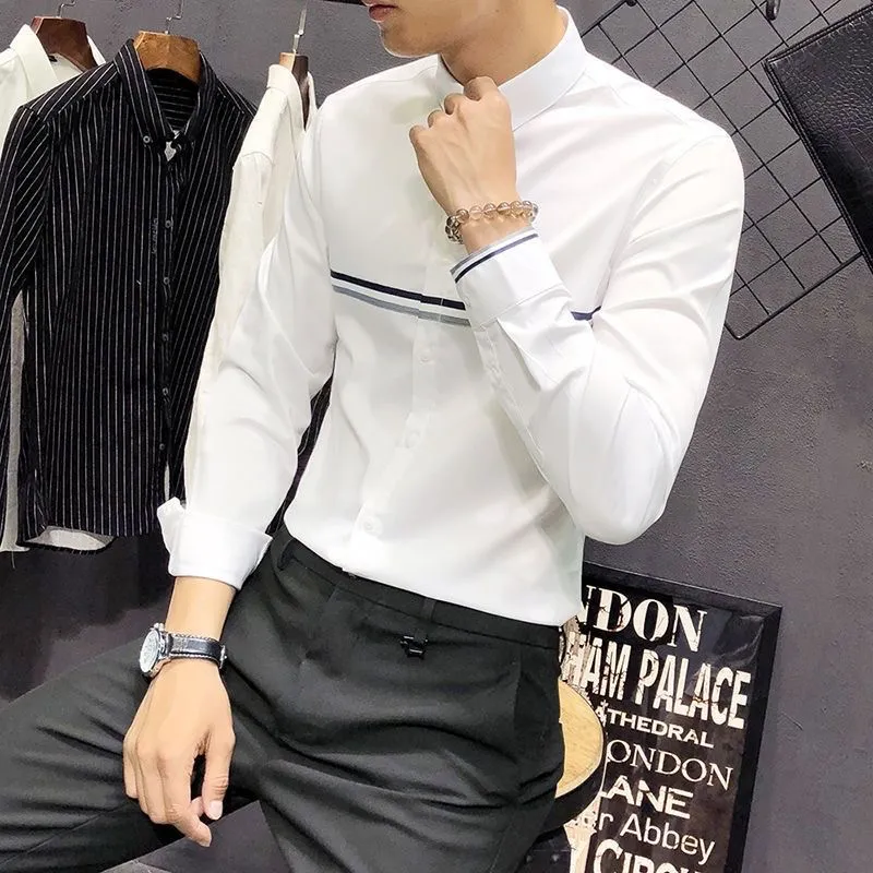 Mandarin Collar Formal Shirt Slim Fit - Heren overhemd met mandarijnkraag, lange mouwen,