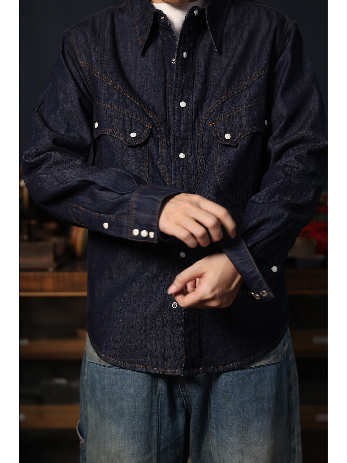 Mens Western Denim Pearl Snap Shirt - Cowboy Western Snap Shirt, eenvoudig Amerikaans