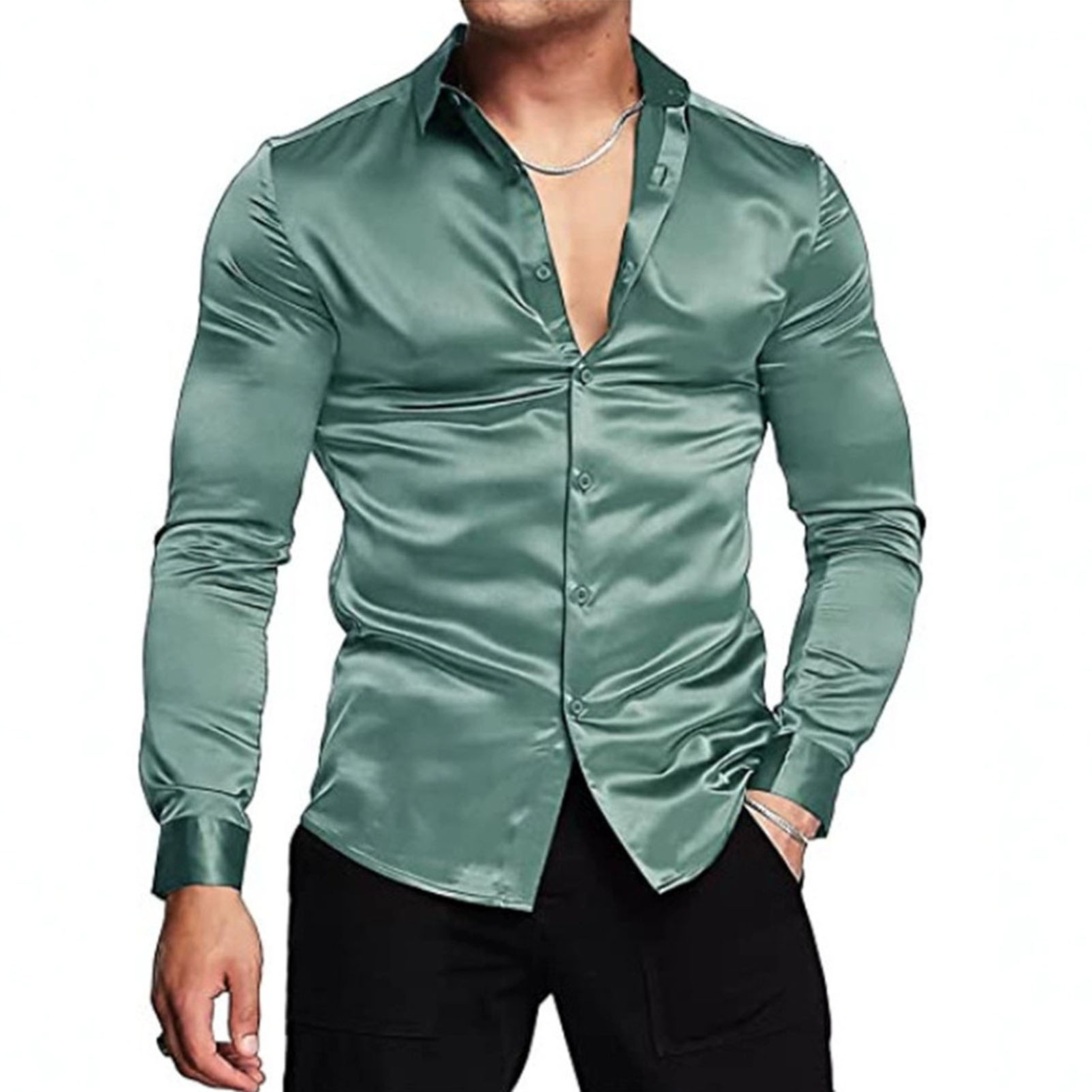 Mens Satin Silk Dress Shirt - Lente Herfst Zijde Satijn Shirts Luxe