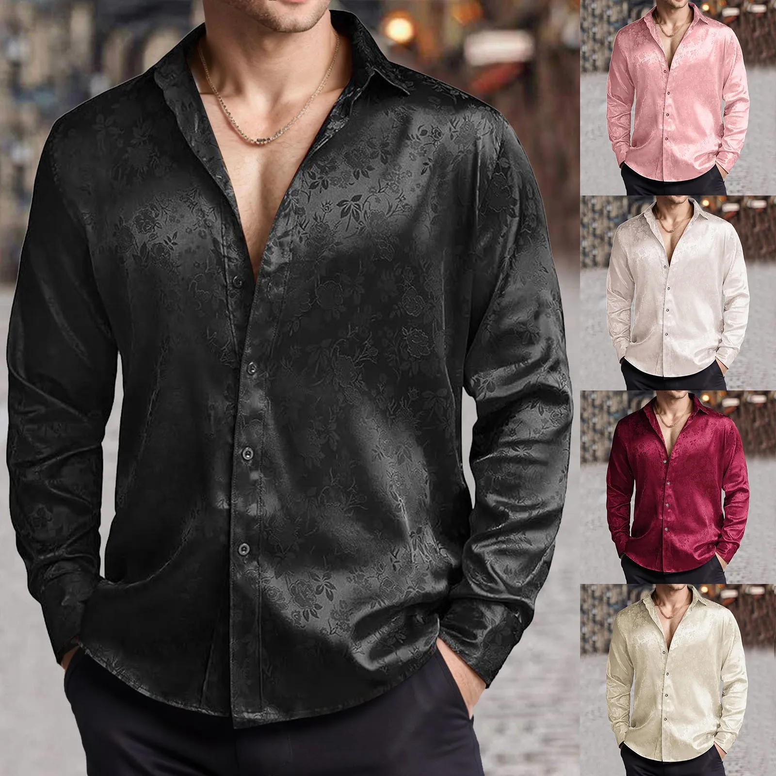 Mens Satin Silk Dress Shirt - Heren imitatiezijde satijnen overhemd jacquard lange