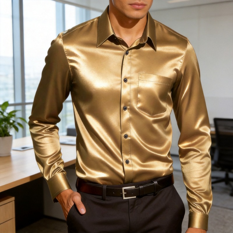 Mens Satin Silk Dress Shirt - Heren overhemd van satijnachtige ijzijde, slim
