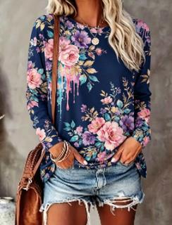 T-Shirts - Dames T-shirt met bloemenprint, marineblauw, kleurrijk,