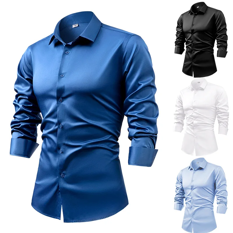 Mens Satin Silk Dress Shirt - 2022 lente herfst koningsblauw zijde satijn