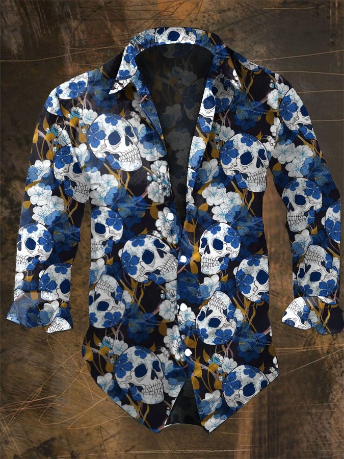 Vintage Hawaiian Floral Shirt - Halloween Heren Donkere Schedelprints Casual Shirt