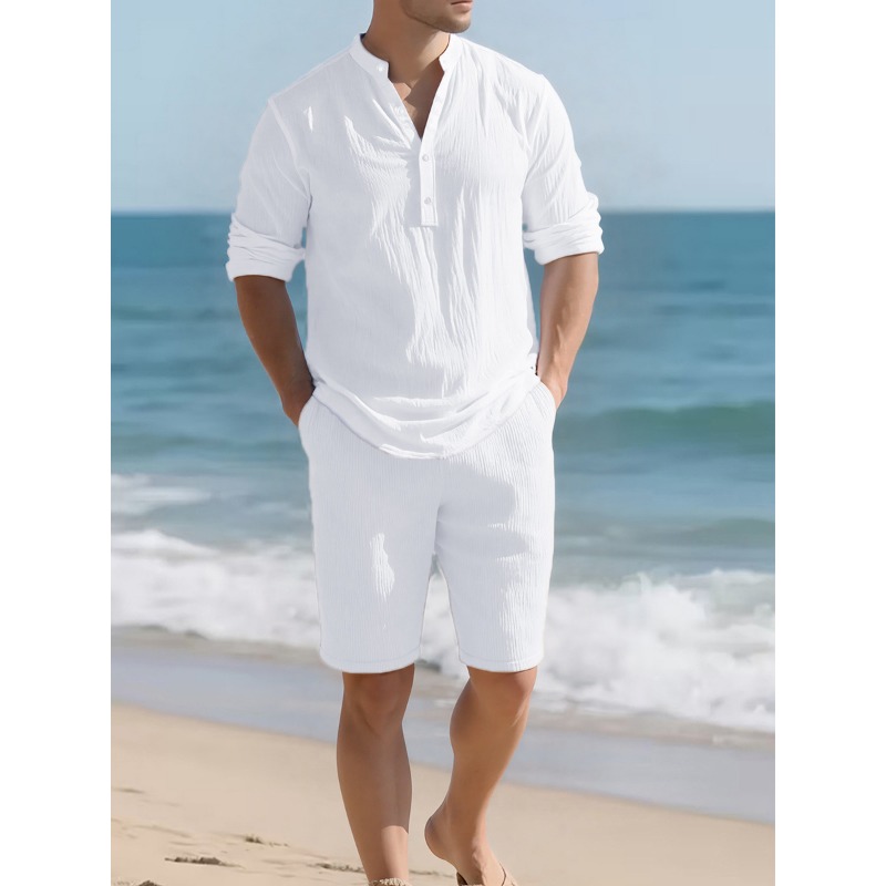 Mens Linen Shirt Long Sleeve - Heren wit linnenmix tweedelig set Henley