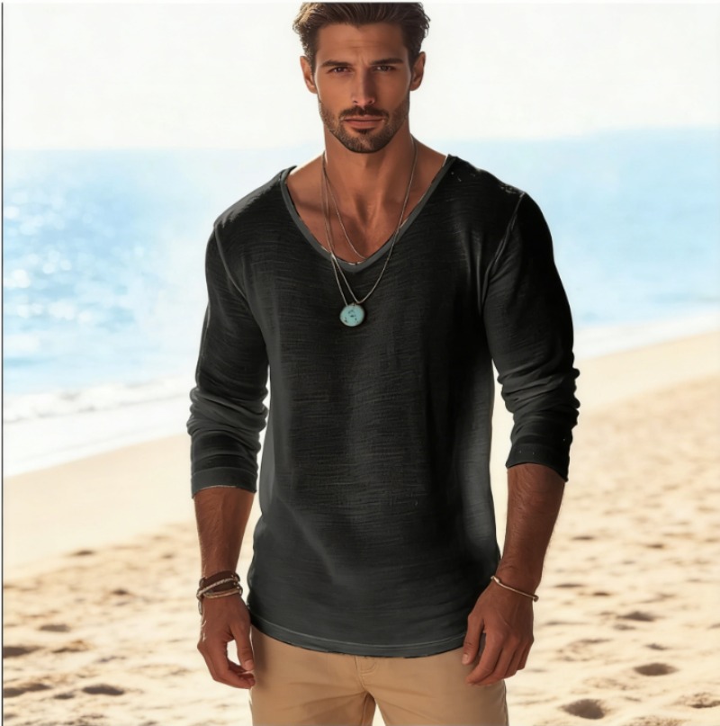 Mens Linen Shirt Long Sleeve - Casual T-shirt voor heren met V-hals,