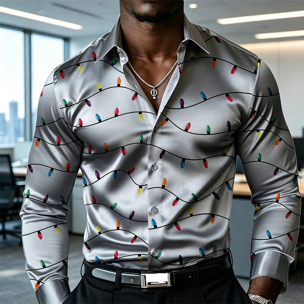 Mens Satin Silk Dress Shirt - Kerst heren lantaarnshirt satijnen overhemd knoopshirt