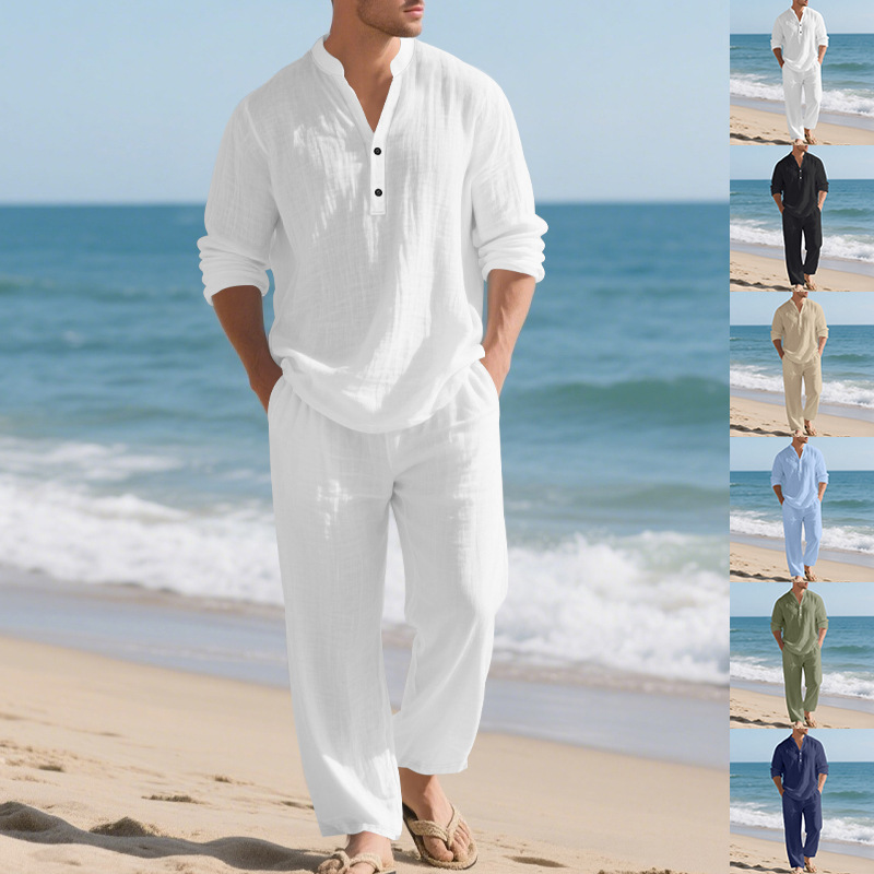 Mens Linen Shirt Long Sleeve - Linnen Herfst Nieuwe Heren Pak Strand