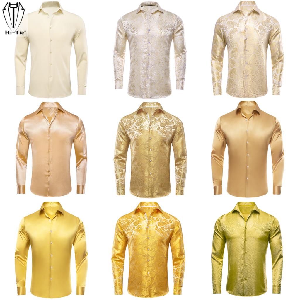 Mens Satin Silk Dress Shirt - Hi-Tie Goud Beige Ivoor Champagne Zijde
