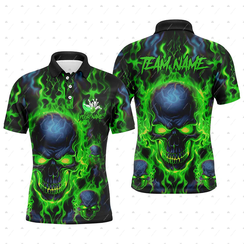 Short Sleeve Bowling Shirt Retro - Aangepaste naam Bowling Skull Flame Graffiti