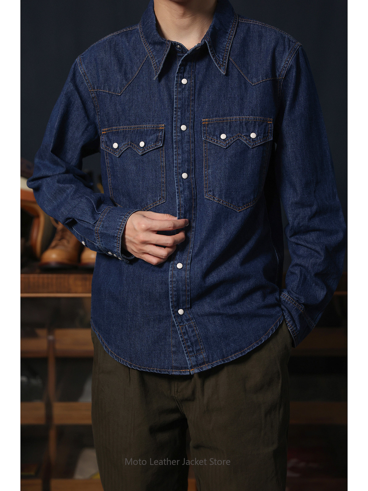 Mens Western Denim Pearl Snap Shirt - Amerikaans retro western denim shirt, rauw