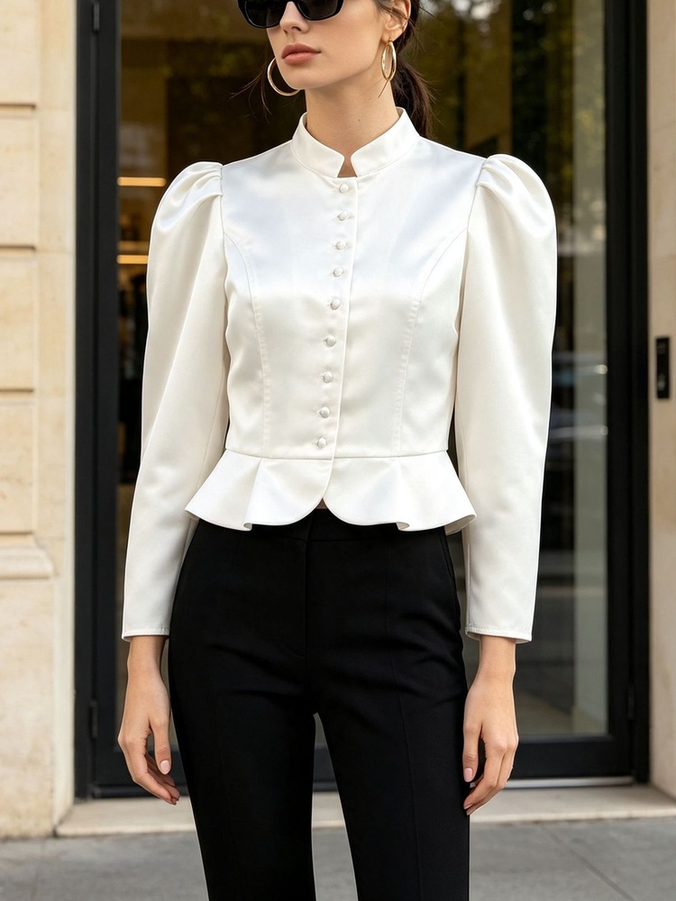 Mandarin Collar Formal Shirt Slim Fit - Tossy Peplum Blouse Lange Mouw Puff