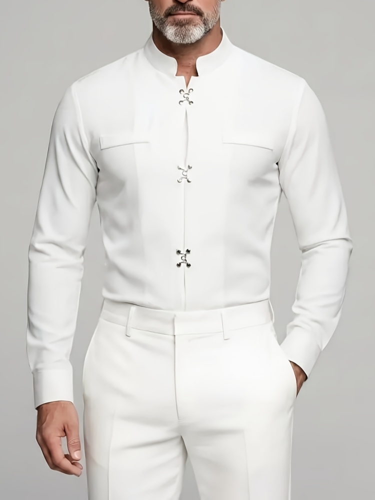 Mandarin Collar Formal Shirt Slim Fit - Luxe Heren Overhemd met Mandarijnkraag, Lange