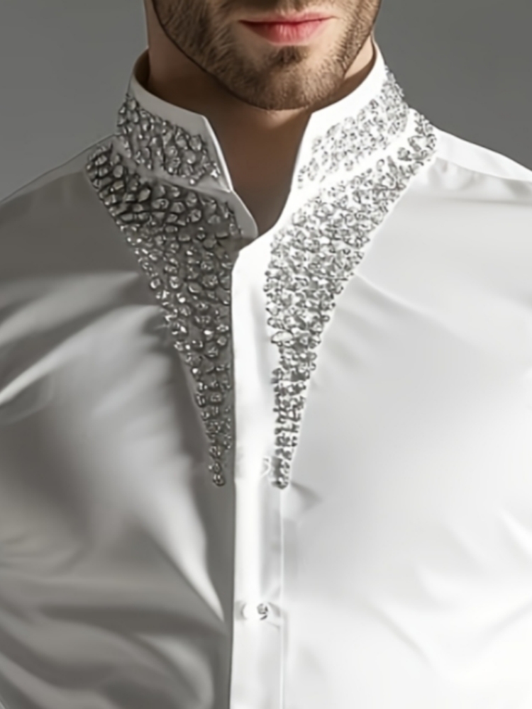 Luxe strass overhemd voor here - Mandarin Collar Formal Shirt Slim Fit recensie en prijs
