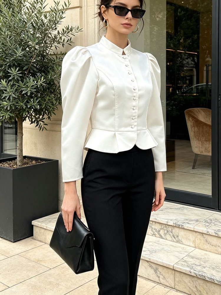 Peplumblouse met lange mouwen, - Mandarin Collar Formal Shirt Slim Fit recensie en prijs