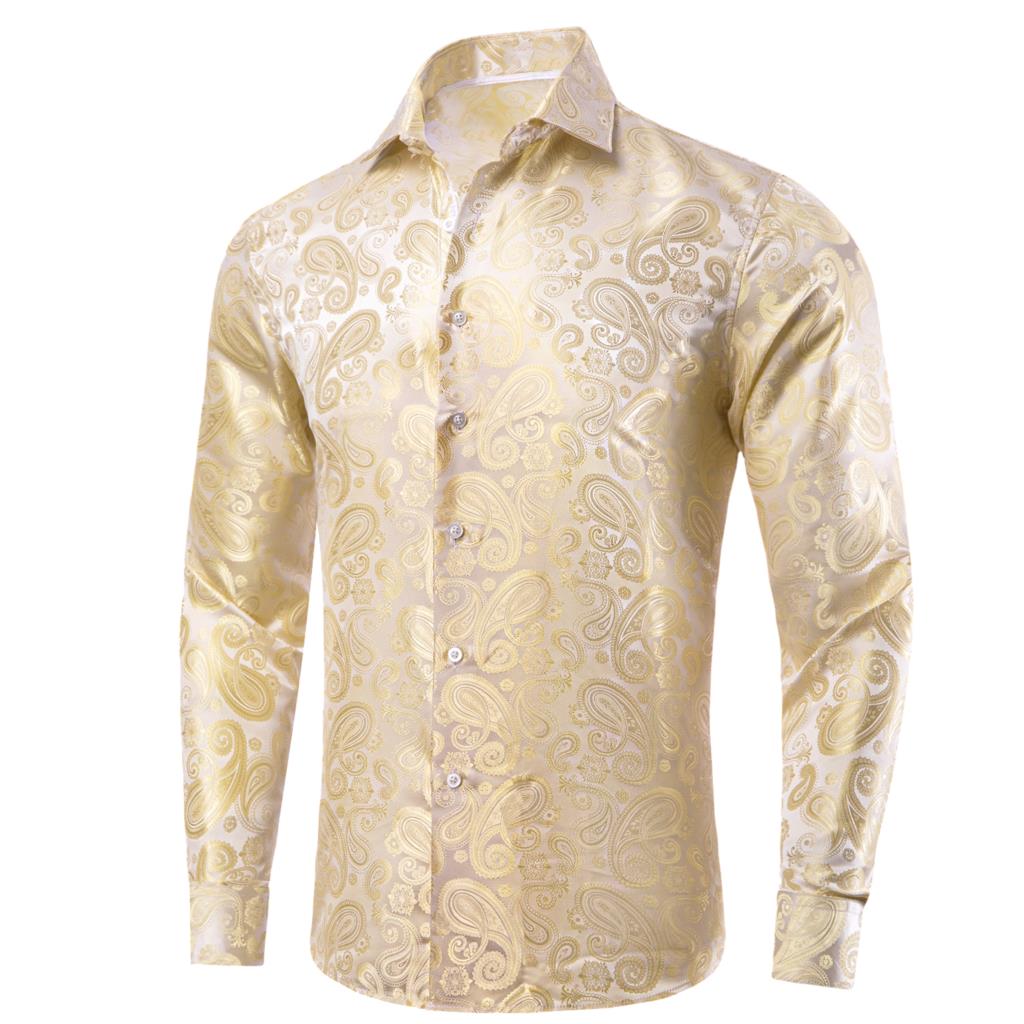 Hi-Tie Goud Beige Ivoor Champa - Mens Satin Silk Dress Shirt recensie en prijs
